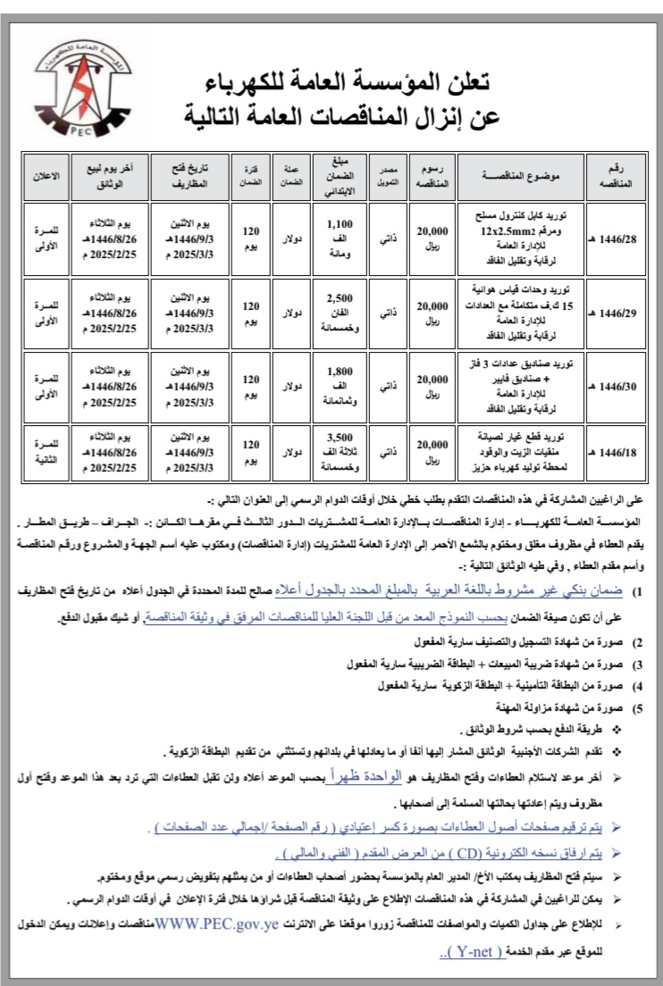 تعلن المؤسسه العامة للكهرباء عن إنزال المناقصات العامة التاليه