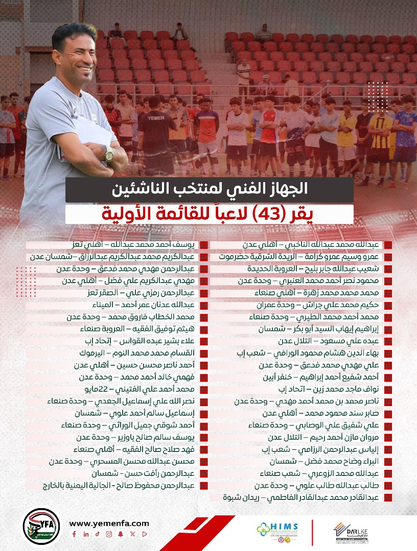 الجهاز الفني لمنتخب الناشئين يقر (43) لاعباً للقائمة الأولية استعداداً لكاس الخليج