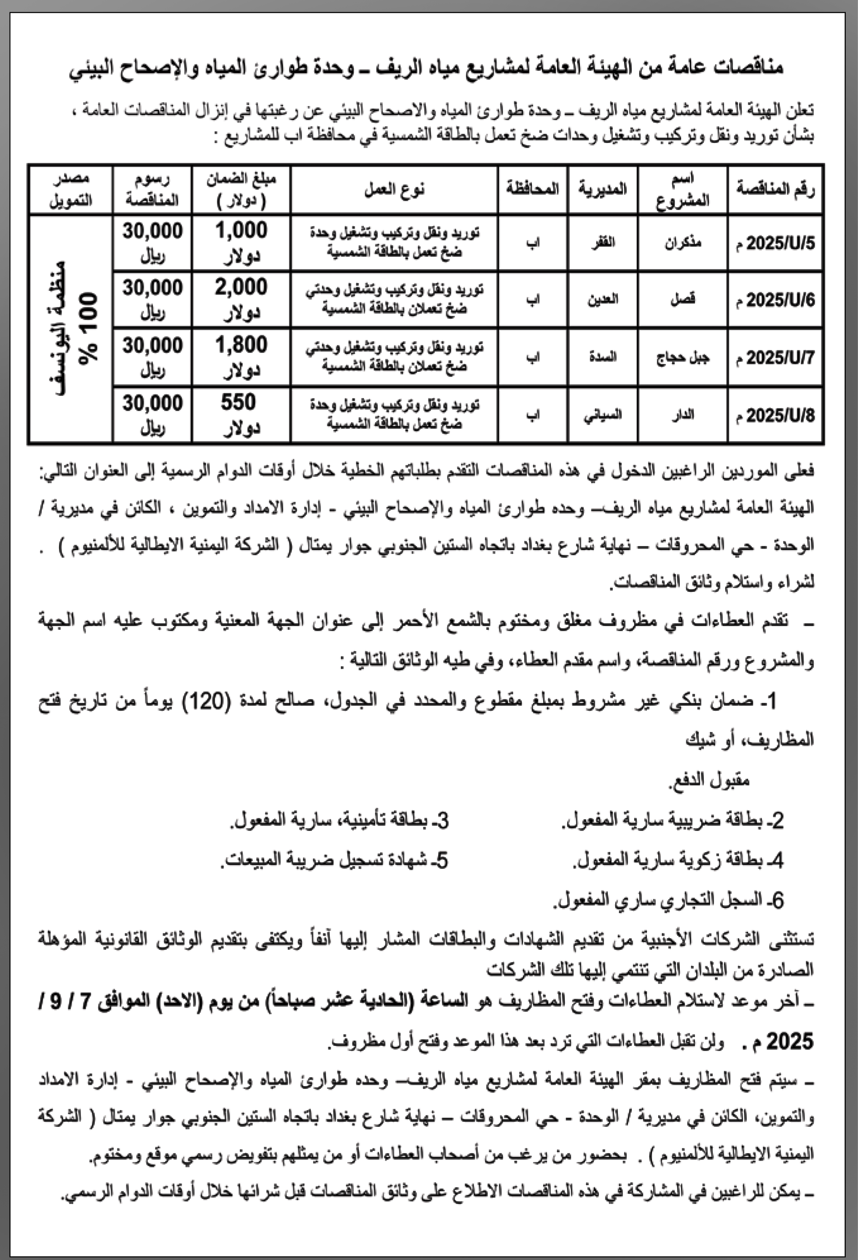 تعلن هيئة مشاريع مياه الريف عن إنزال مناقصة