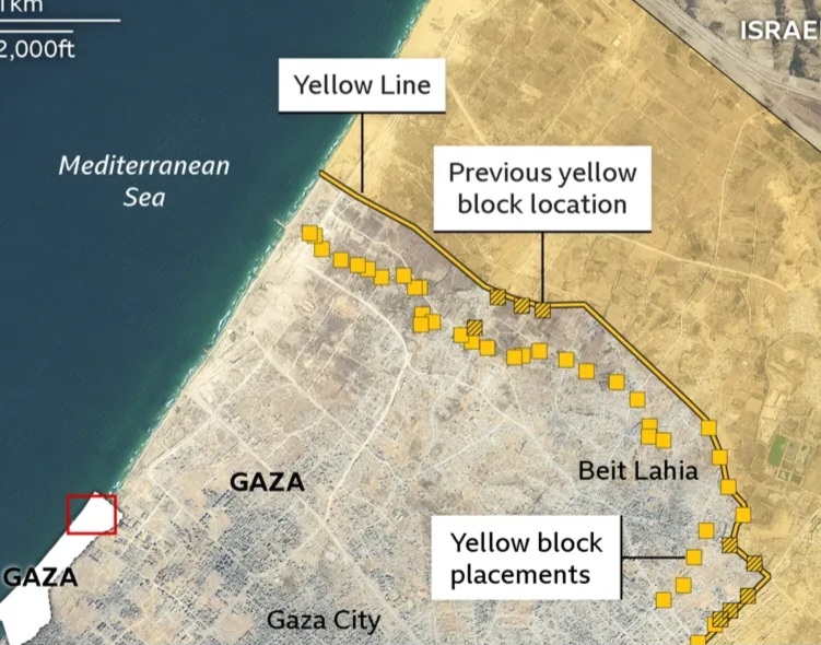 بي بي سي” : صور أقمار صناعية تظهر نقل الكيان الإسرائيلي للخط الأصفر إلى عمق قطاع غزة
