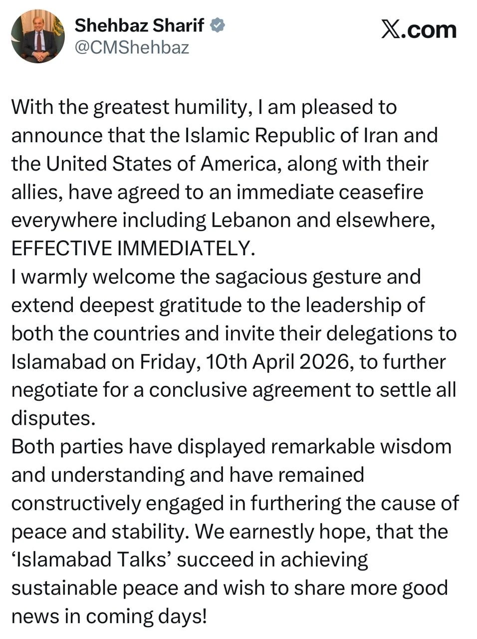 رئيس الوزراء الباكستاني يعلن اتفاق طهران وواشنطن على وقف إطلاق النار